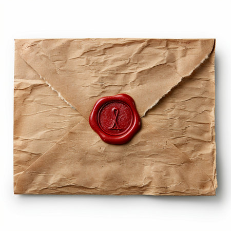 A vintage-style brown paper envelope, sealed with a detailed red wax stamp, conveying a sense of tradition and importance.の素材