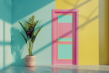 A stylish room featuring a vibrant pink door, a lush green plant, and distinct geometric shadows cast on dual-colored walls.の素材