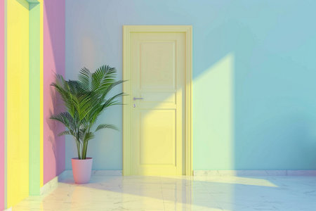 A serene and bright interior scene featuring pastel colored walls, a yellow door, and a green potted plant with soft light and shadows.の素材