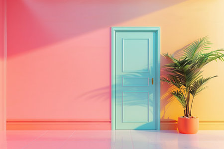 Minimalist room featuring a teal door against a pink and yellow wall, with a potted plant and bright sunlight.の素材