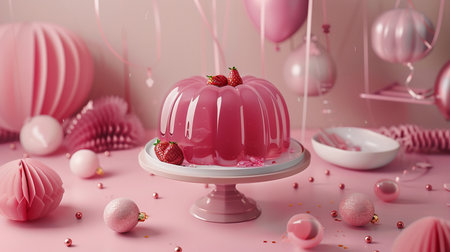 A vibrant pink Jell-O mold dessert, garnished with fresh strawberries, sits on a cake stand amidst a festive pink party setup.の素材