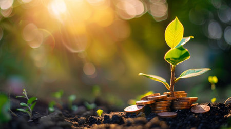 A young plant emerges from a pile of coins, bathed in warm sunlight, representing financial growth, investment, and new beginnings.の素材