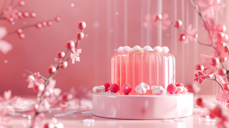 A delicate pastel pink jelly cake sits on a stand, adorned with berries and small white flowers, with soft cherry blossom branches in the background.の素材