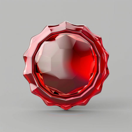 A stunning red gemstone with a faceted surface and decorative edges, presented on a plain gray backdrop. The jewel gleams with light.の素材