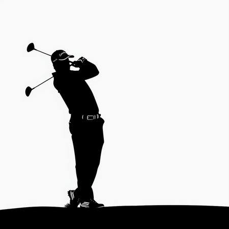 A dynamic black silhouette captures a golfer mid-swing, showcasing the athleticism of the sport against a clean white backdrop.の素材