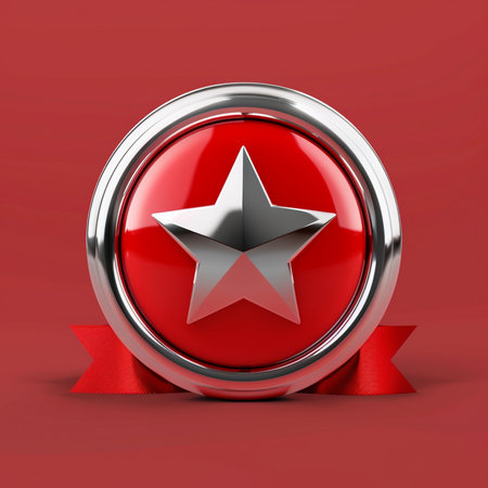 A metallic star emblem set within a glossy red circle, accented by a red ribbon banner, symbolizing achievement and recognition.の素材