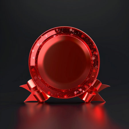 A striking red metallic ribbon award medal featuring a sparkling snowflake border and a reflective glossy surface, set against a plain black backdrop.の素材