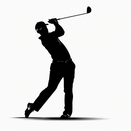 A black silhouette of a golfer in mid-swing, captured against a clean white background with a faint shadow, conveying motion and focus.の素材