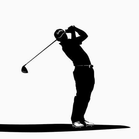 Dynamic black silhouette of a golfer mid-swing, holding a driver. Clean white background emphasizes the athletic pose.の素材
