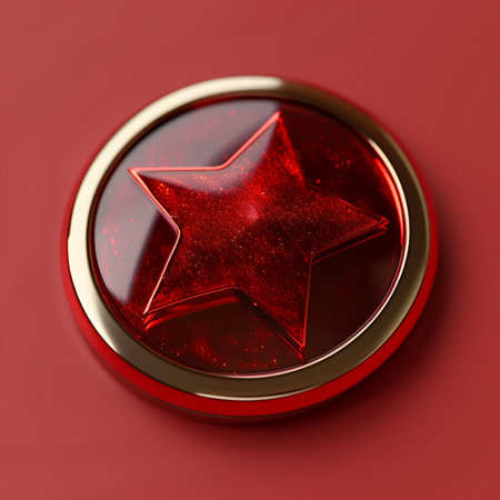 A close-up view of a metallic red star inside a golden circular frame, set against a solid red backdrop. Features a glossy finish and sparkling particles.の素材
