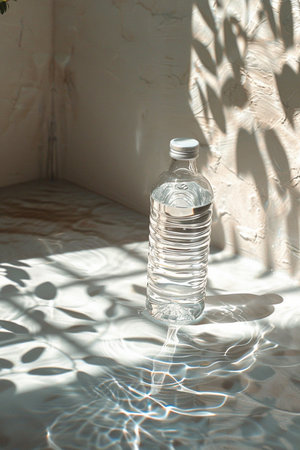 A clear plastic water bottle illuminated by soft sunlight, creating intricate leaf shadows on a textured wall and surface.の素材