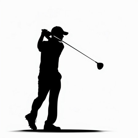 A dynamic black silhouette of a golfer in the middle of a swing, set against a clean white backdrop, capturing the essence of the sport.の素材
