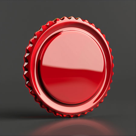 A detailed, close-up view of a shiny red metal bottle cap with a serrated edge, showcasing its reflective surface against a dark backdrop.の素材