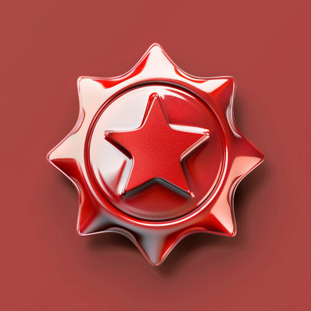 A metallic red star emblem with a glossy finish and sharp points, set against a plain red surface. Ideal for recognition and achievement.の素材