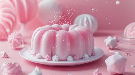 A delightful pink jelly dessert adorned with shimmering sprinkles and delicate meringue swirls, presented on a white plate for a festive occasion.の素材