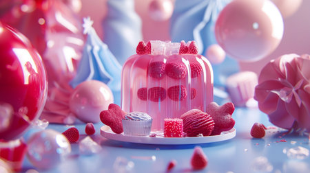 A whimsical close-up of a jelly cake, adorned with fresh berries and surrounded by colorful candies, creating a celebratory dessert scene.の素材