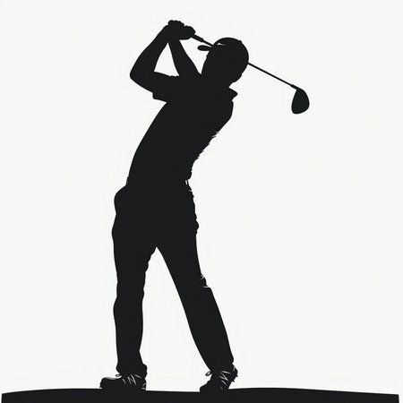 Dynamic silhouette of a golfer in full swing, showcasing the power and grace of the sport. Isolated on a clean white background.の素材