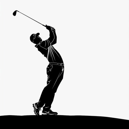 Dynamic silhouette of a golfer performing a powerful swing, captured in motion against a clean white backdrop.の素材