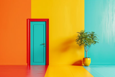 Modern interior space featuring a striking turquoise door framed by a red trim, against orange and yellow walls, with a green plant in a yellow pot.の素材