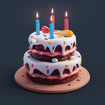 A festive two-tier chocolate birthday cake adorned with white frosting, colorful sprinkles, and lit candles sits on a round pedestal.の素材