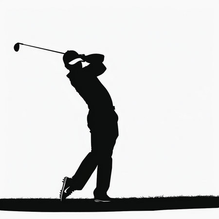 Dynamic silhouette of a golfer executing a powerful swing on a golf course, capturing the essence of the sport.の素材