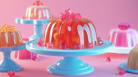A delightful assortment of glistening jelly desserts in various colors and flavors, adorned with gummy candies, set against a soft pastel pink backdrop.の素材