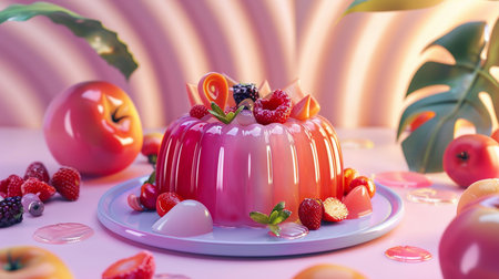 A colorful gelatin dessert, glistening with fruit and topped with fresh raspberries, blackberries, and mint leaves, served on a light blue plate.の素材