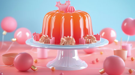 A delightful orange jelly dessert presented on a white stand, adorned with sweet toppings and surrounded by playful pink balloons and shiny ornaments.の素材