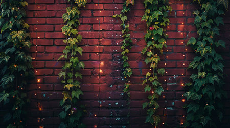 Green ivy and twinkling string lights decorate a rustic red brick wall, offering a warm, natural, and atmospheric background.の素材