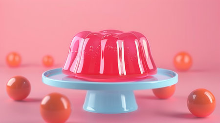 A bright pink gelatin dessert is presented on a blue cake stand, adorned with small bubbles. It is surrounded by several orange spheres on a pink surface.の素材