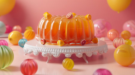 A refreshing orange jelly mold, adorned with citrus fruits and candies, sits on a white stand amidst a whimsical collection of colorful spheres.の素材