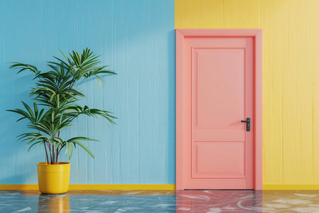 A colorful interior with a pink door, contrasting blue and yellow walls, and a green potted plant on a reflective marble floor.の素材
