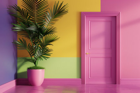 A brightly colored interior space featuring a pink door, a potted palm plant, and walls in purple, yellow, and green.の素材