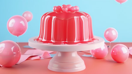 A glossy pink jelly dessert is presented on a decorative cake stand, complemented by playful pink balloons and scattered paper elements, creating a festive atmosphere.の素材