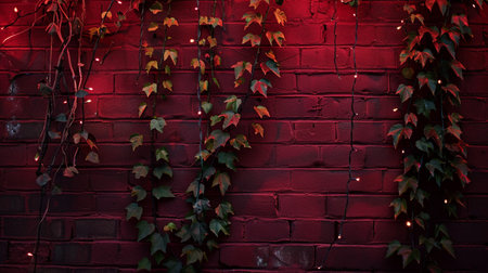A dark red brick wall forms a textured background for lush green ivy vines and subtle string lights.の素材
