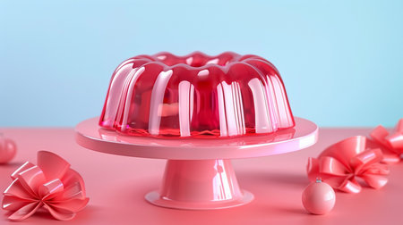A close-up of a glistening red jelly dessert shaped like a bundt cake, adorned with pink bows and baubles on a pink cake stand.の素材