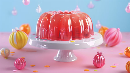 A playful and colorful scene featuring a glistening red jelly mold dessert centerpiece, surrounded by decorative ornaments and confetti.の素材