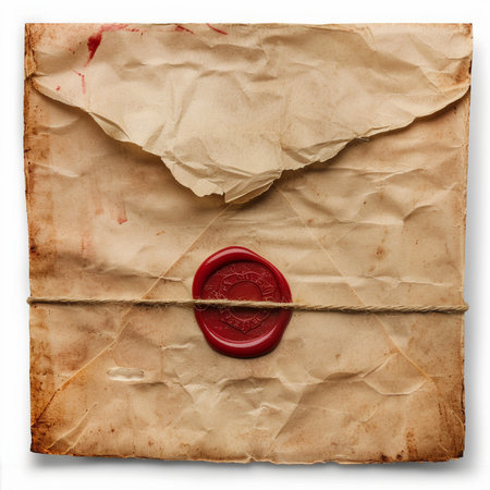 Aged, crumpled parchment envelope secured with a red wax seal and rustic twine, showcasing a vintage, textured appearance.の素材