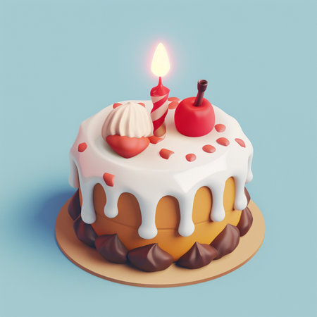 A charming 3D rendered birthday cake featuring a lit candle, a cherry on top, delicate frosting, and scattered petals, set against a solid blue backdrop.の素材