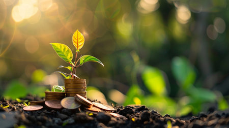 A sapling emerges from a pile of coins, illustrating financial growth, investment, and a thriving business concept.の素材