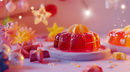 Close-up of delightful red jelly desserts adorned with star shapes and surrounded by sparkling lights, perfect for festive occasions.の素材