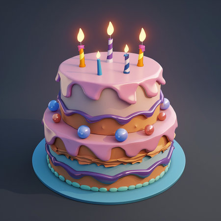A delightful, cartoon-style two-tiered birthday cake adorned with lit candles, colorful decorative balls, and frosting details, presented on a blue cake stand.の素材