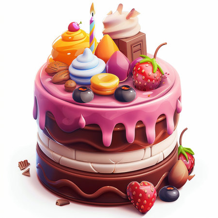 A delightful and festive multi-layered cake decorated with vibrant frosting, fresh berries, assorted candies, and a birthday candle, perfect for celebrations.の素材