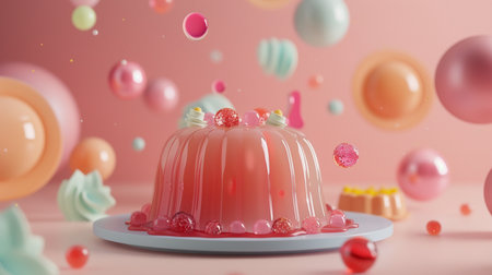 A delightful pink jelly dessert, adorned with gummy candies and meringue swirls, floats amidst colorful spheres on a pastel background.の素材