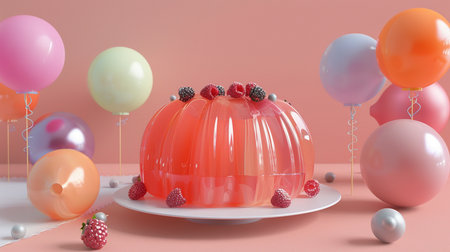 A festive scene featuring a vibrant jelly dessert surrounded by colorful balloons and fresh berries, set against a soft pastel backdrop.の素材