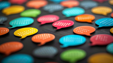 A diverse array of colorful chat bubbles, symbolizing communication and ideas, scattered across a textured dark surface. Modern design.の素材