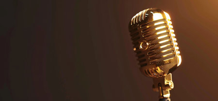 A striking close-up of a retro gold microphone, bathed in warm light, symbolizing performance, music, and broadcasting.の素材