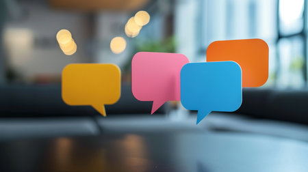 Four colorful 3D speech bubbles representing communication and ideas, set against a blurred office environment with soft light effects.の素材