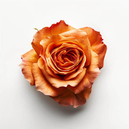 A detailed close-up studio shot of a single orange rose flower, showcasing its intricate petals and rich texture on a plain white background.の素材
