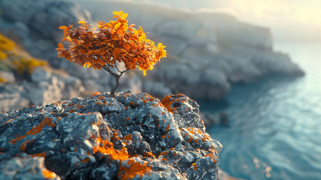 A solitary tree with vibrant orange leaves stands on a rugged cliff edge, bathed in warm sunlight, overlooking a serene blue ocean.の素材